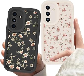 2 Pack Flower Phone Case for Samsung Galaxy A16 5G 6.7",Cute Floral Print Cases Unique Plant Design Print for Women Girls Teens,Soft TPU Shockproof Protective Cover for Samsung A16,Beige Black