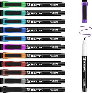 maxtek Magnetic Dry Erase Markers Ultra Fine Tip, 0.7mm Extra Fine Point Thin Dry Erase Markers with Eraser for Planning Whiteboard, Calendar Boards, 12 Colors, Low Odor