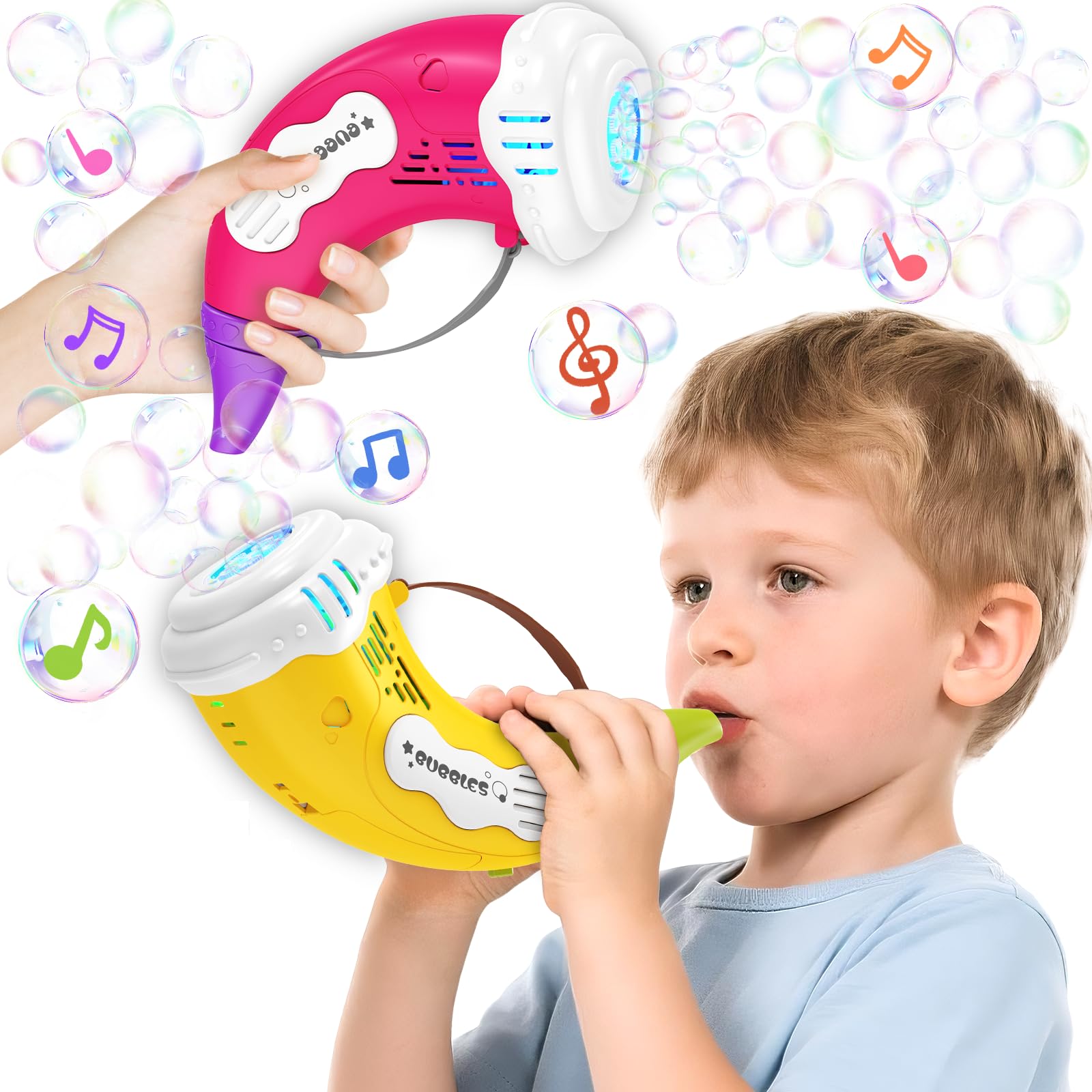 Horn Bubble Gun 2-Pack Bubble Machine Blower Blaster Toys with Sound & Manual Modes for Kids– Portable Lightweight Bubble Megaphone Toy Easter Birthday Gifts for Toddlers Ages 3 4 5 6 7 8