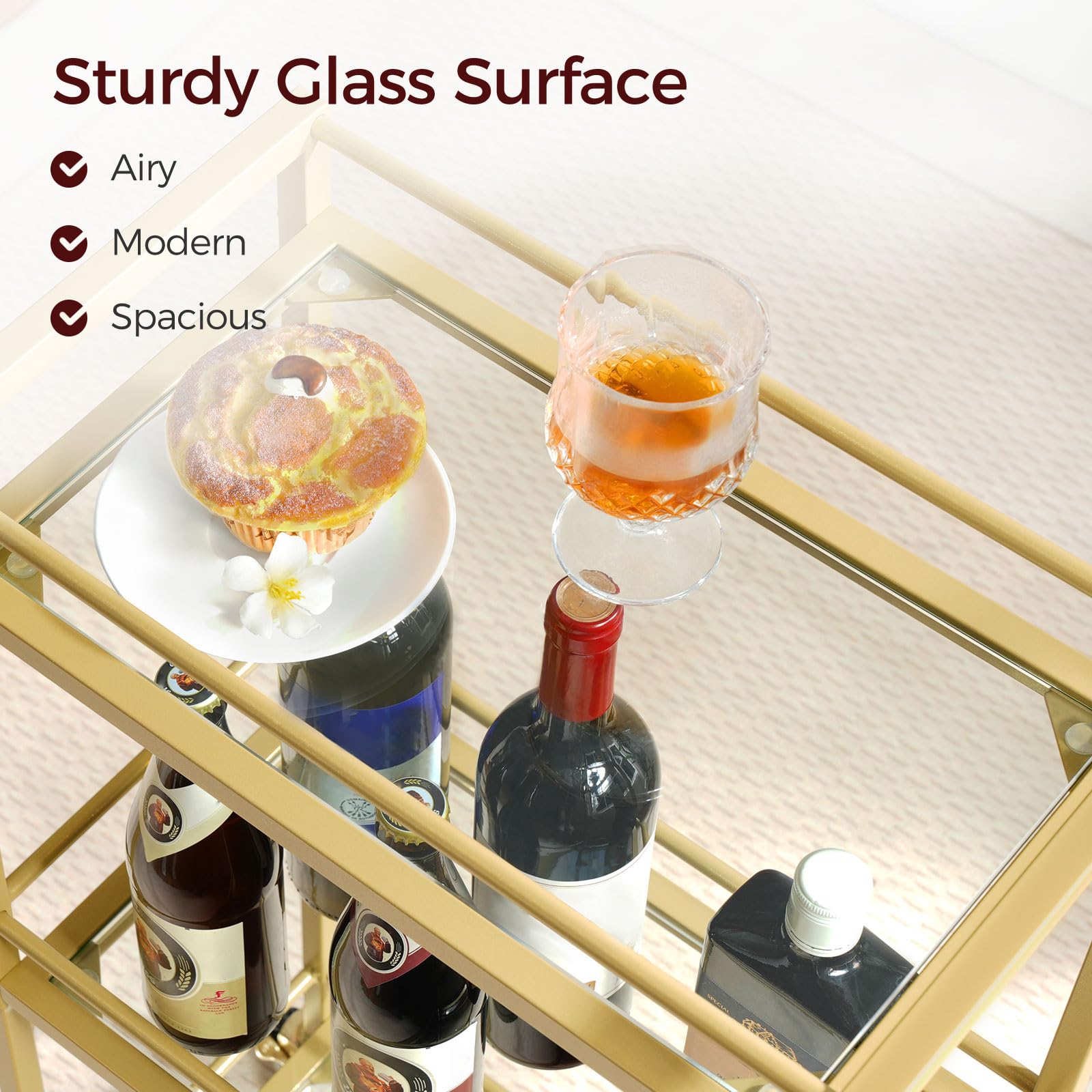 MAHANCRIS Bar Cart for The Home, 3-Tier Drink Cart on Wheels, Home Bar Serving Cart, Mini Bar Cart for Small Space, Rolling Kitchen Carts for Bar, Kitchen, Dining Room, Gold RCJW4001: Stylish