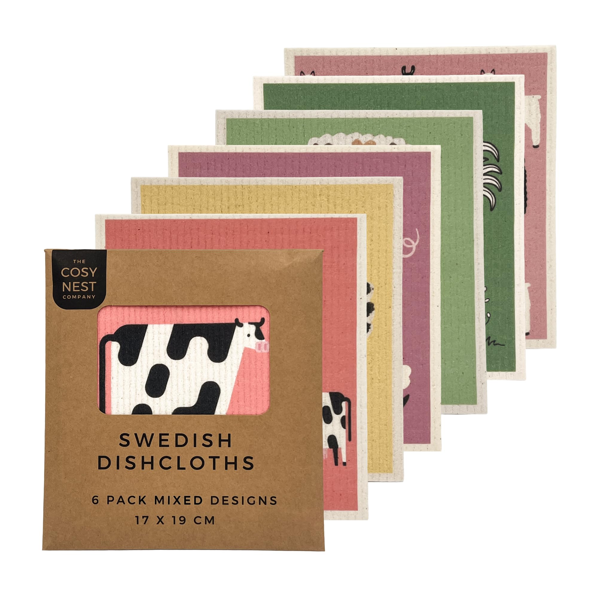 The Cosy Nest Company Multicolour Swedish Dishcloths Pack Of 6, Reusable Dish Cloths For Washing Up, Absorbent Sponge Cloths For Kitchen Cleaning, Eco Friendly Compostable Plastic Free, Farmyard Friends Design