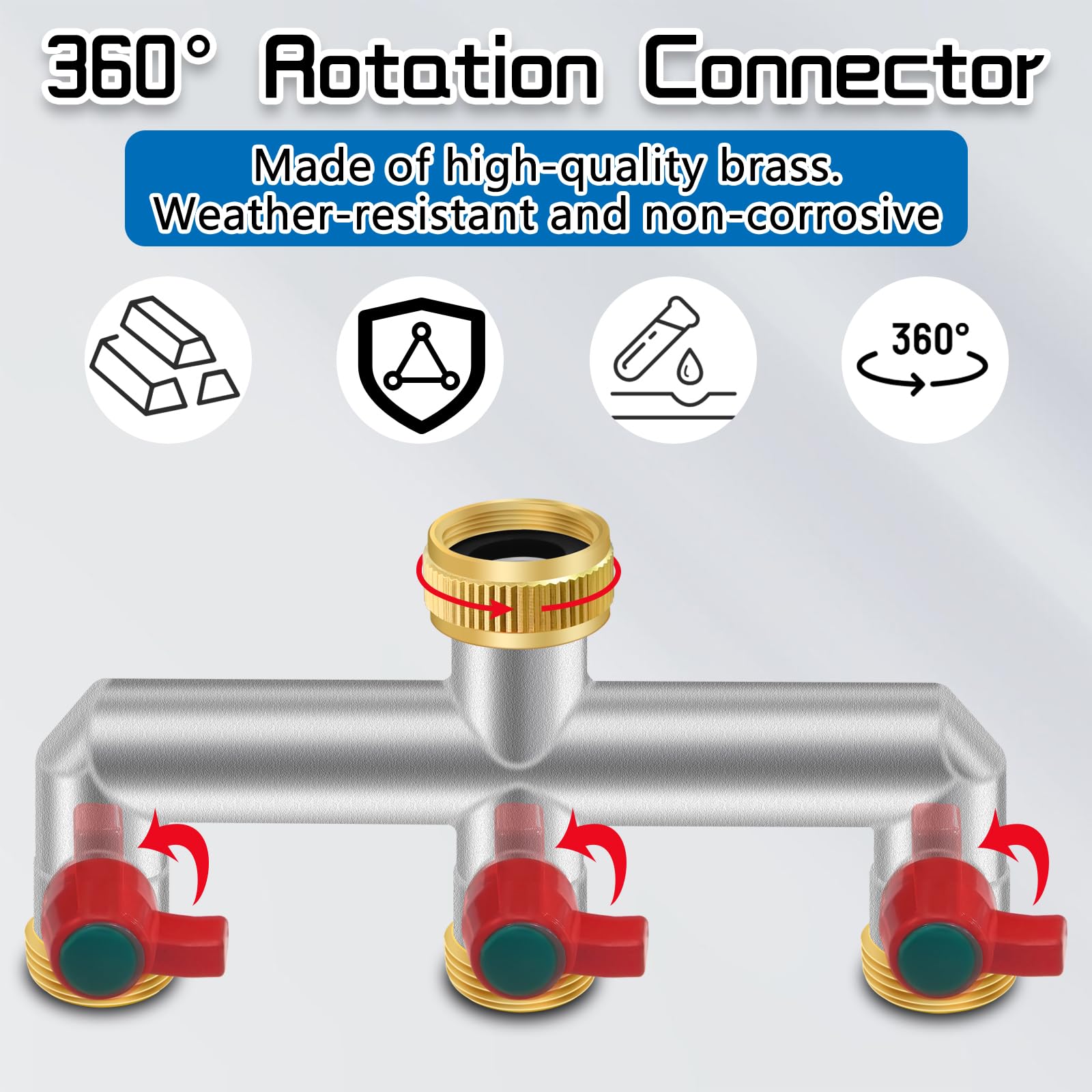 Splitter per rubinetto in ottone a 3 vie con valvole on/off, connettore per rubinetto da 3/4" con filettatura BSP da 3/4", raccordi per tubi flessibili, sistema di irrigazione, valvole a sfera,