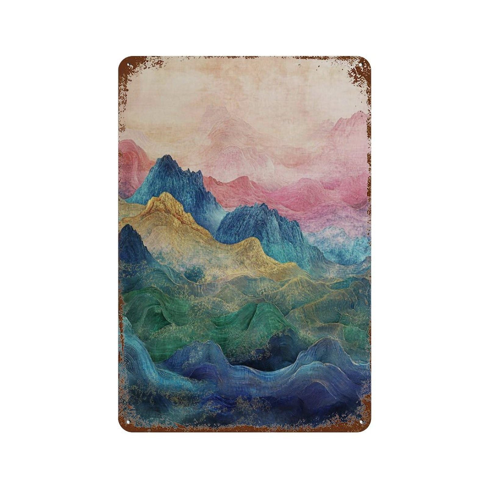 xiaoxiaoshen Abstract Japanese Mountains Blue Green Pink Landscape Asian Scenic Nature Vertic Wall Decor Art Metal Tin Poster Modern Home Decor Art Home Bar Shop Decorations Vintage Sign 30x20cm
