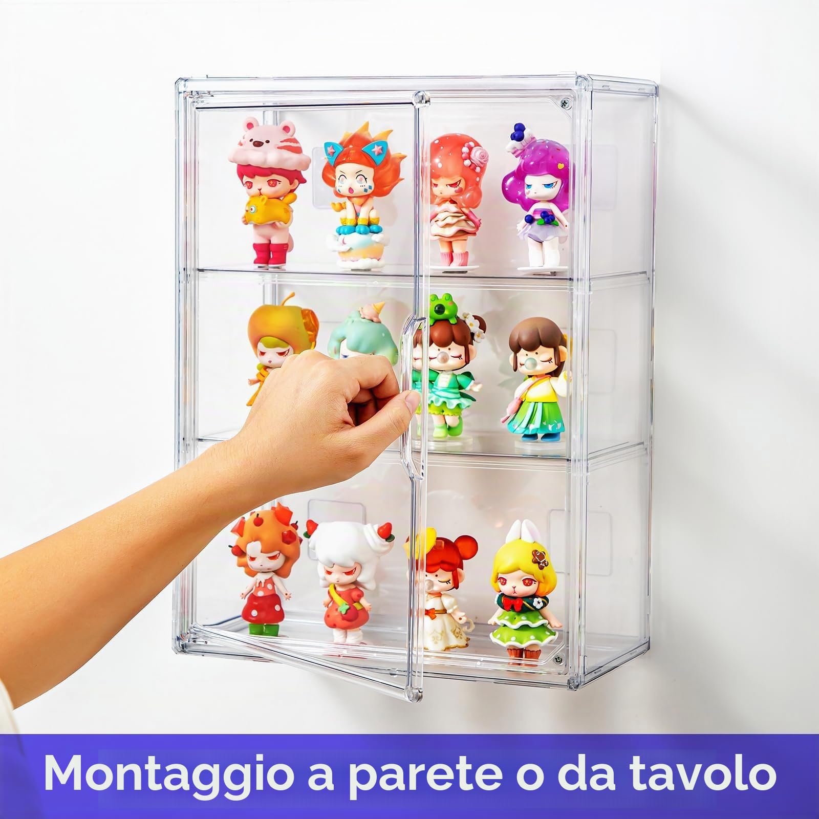 Confezione da 2 vetrine acriliche da collezione, vetrina trasparente in miniatura per figurine, montaggio a parete o scrivania, organizer per armadio a 3 livelli, vetrina a
