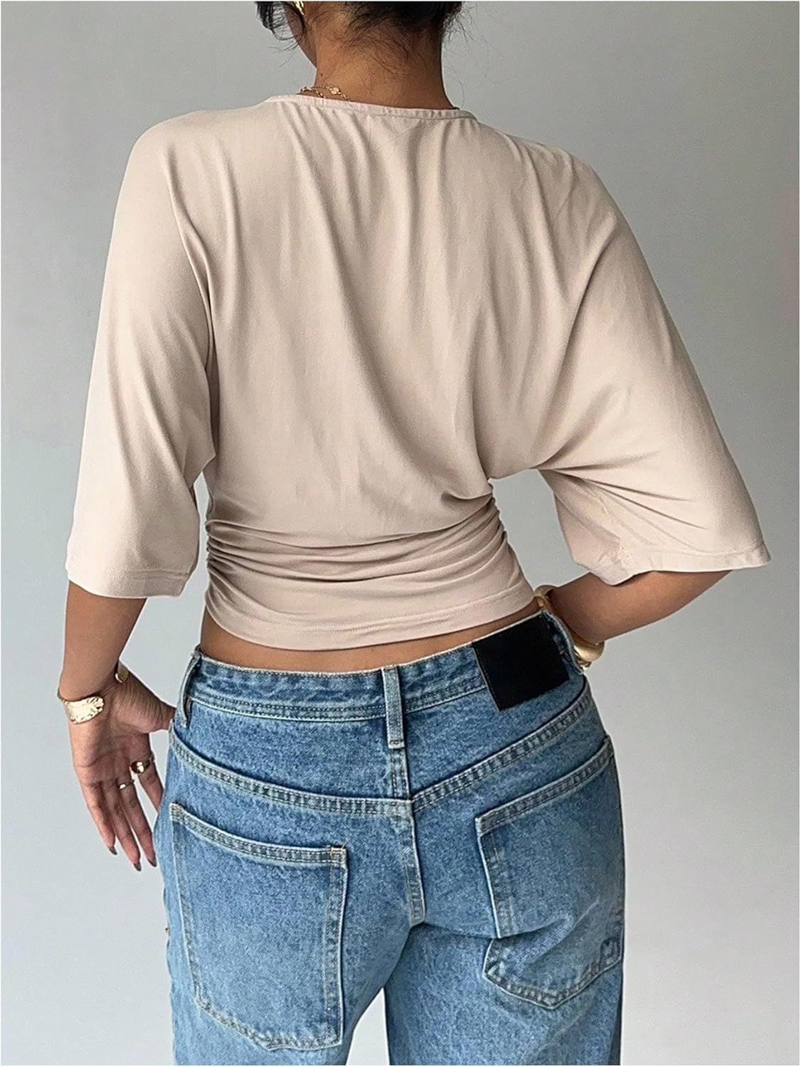 Verdusa Women's Half Sleeve Cinched Waist Tops Ruched Crew Neck T Shirts Going Out Crop Tops - Image 2