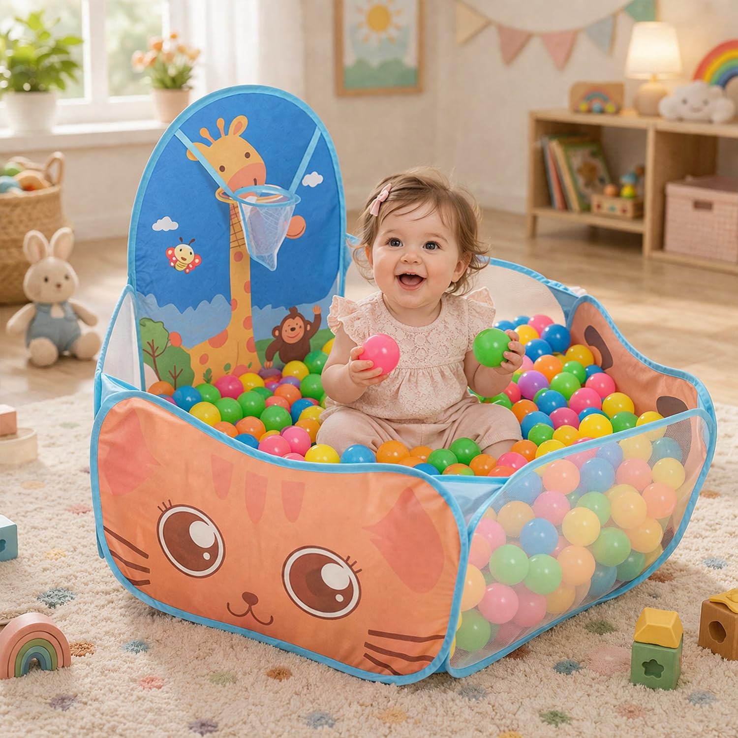 BabyGo Kids Activity Basketball Giraffe Ball Pool for Kids, Play Tent House for 2+ Year Old Girls and Boys, Ball Pit for Kid, Spacious, Lightweight, Portable & Easy to Set Up (Blue) (No Balls)-image-7