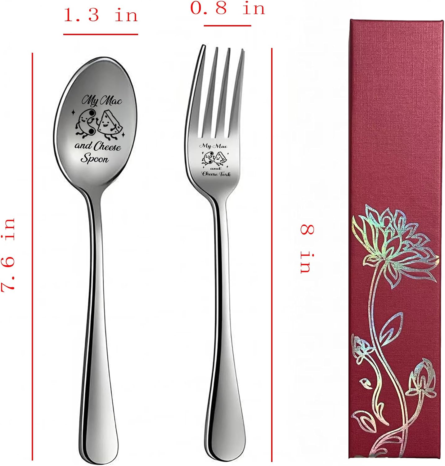 2 Pieces My Mac and Cheese Engraved Stainless Steel Spoon Fork Set, Funny Kitchen Restaurant Dinner Spoon Forks for Friends Women Sister Kids Birthday macaroni Cheese Lovers Christmas Gift