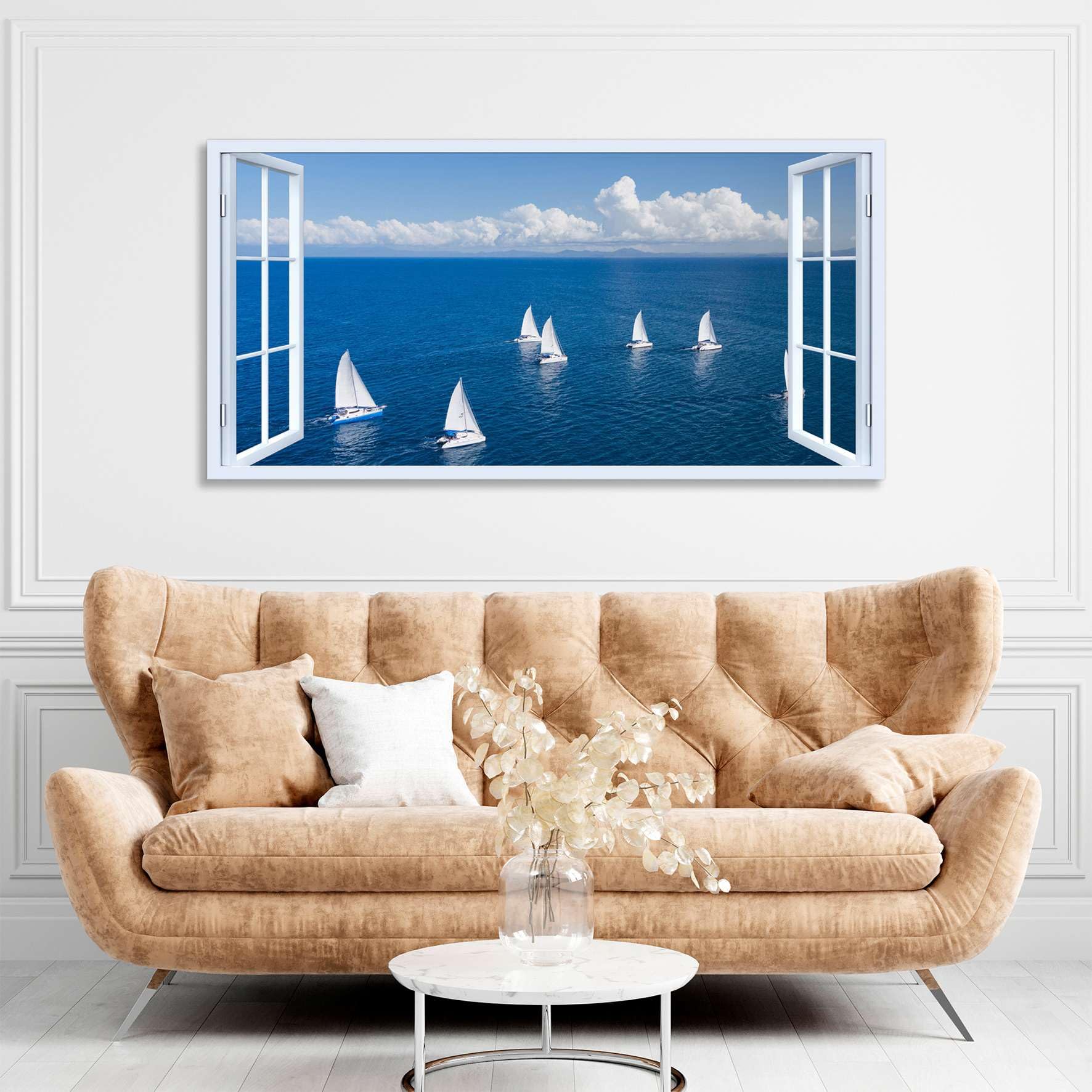 Generico Quadro finestra Barche a Vela sul Mare - Stampa su tela con telaio in legno - 140x70 cm