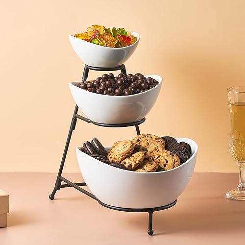 Miniatura 5 de LYEOBOH Juego de cuencos de 3 niveles con soporte de metal plegable más grueso, platos ovalados para entretener soporte de servicio escalonado para