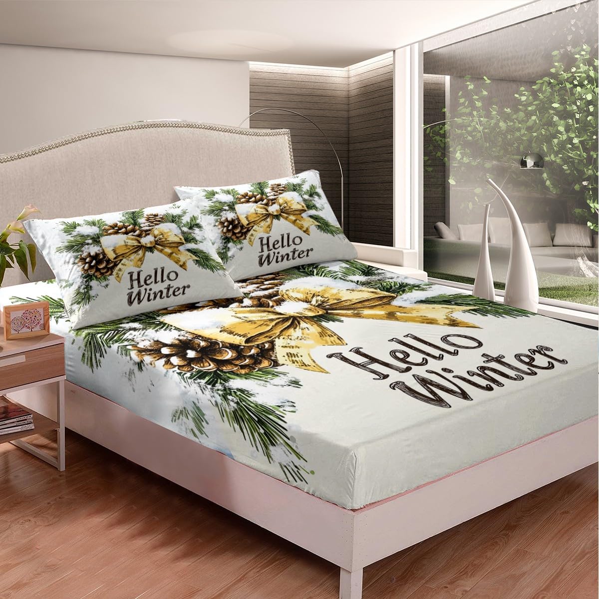 Homemissing Weihnachts-Bettwäsche-Set für Doppelbett, Hello Winter, für Kinder, Jungen, Mädchen, Fliegen, Bettlaken mit tiefer Tasche, Spannbetttuch, Schneeflocken-Bettwäsche-Set, Muschel