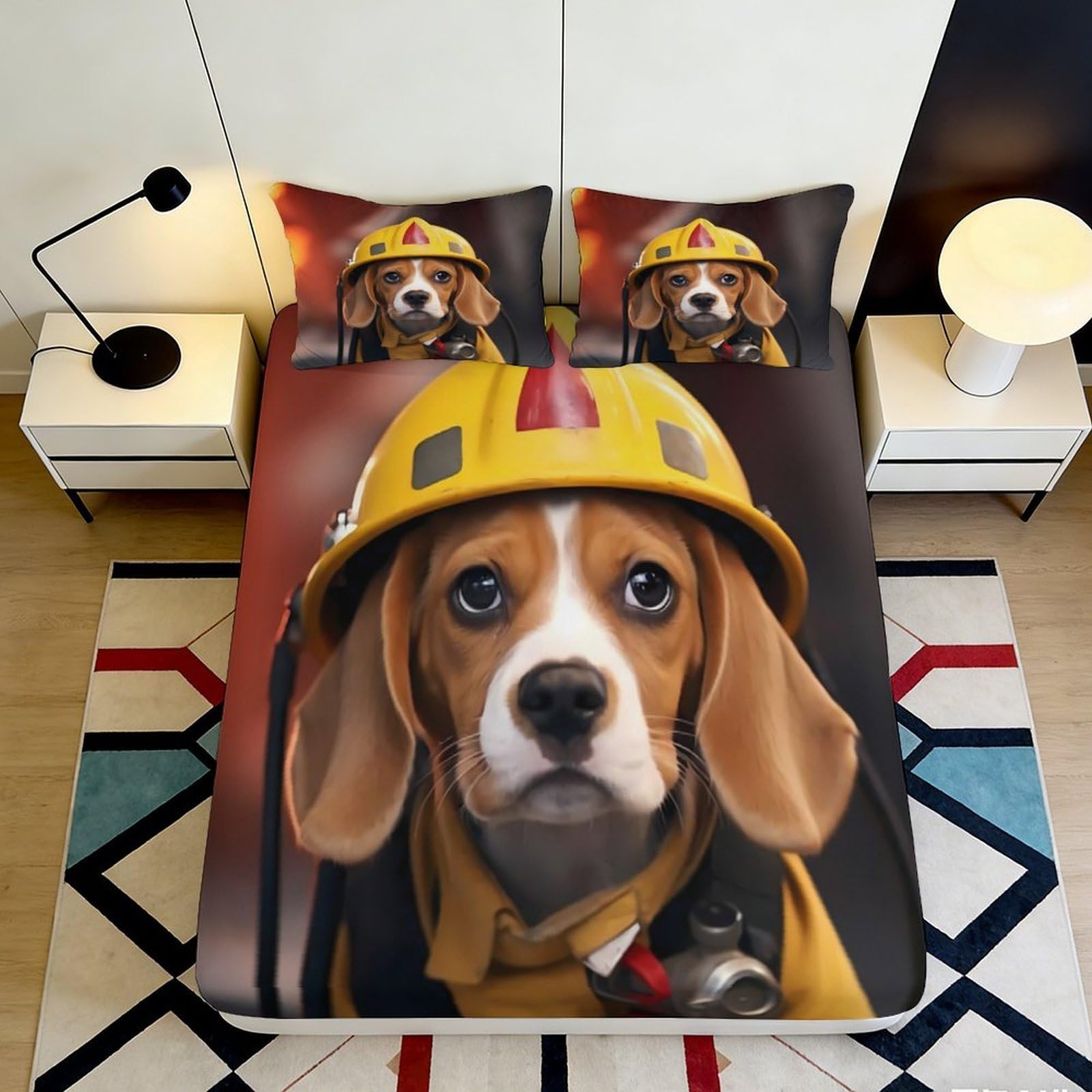 Wtorimpel Style-4 3D Printed Fire Dog Pattern Fitted Sheet Microfiber Deep Pocket Non-Slip Fire Dog Mattress Fitted Cover For Home Bedroom Washable 200X200x25cm
