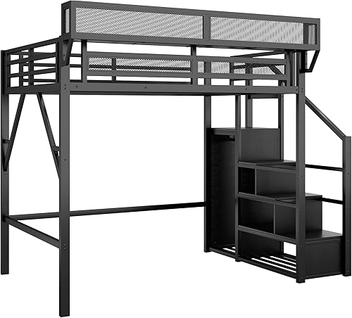 Vista 5 de KEIKI Estructura de Cama Loft de Metal Tamaño Completo con Escalera Convertible, Estantes de Almacenamiento Integrados y Armario, Cama Loft