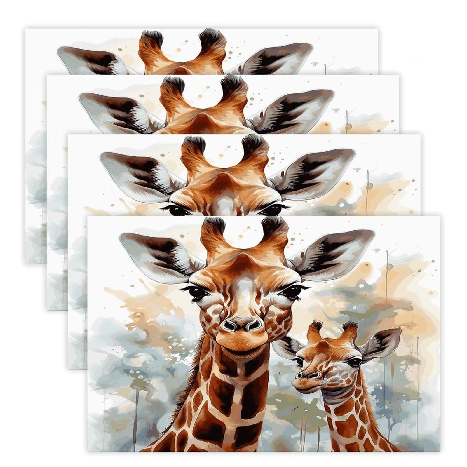 Watercolor Deer Giraffe Placemats Heat Resistant Non-Slip Place Mats Washable Linen Placemats Waterproof Reusable Dining Table Mats for Home Party Dining Kitchen Decor 30x45cm*4