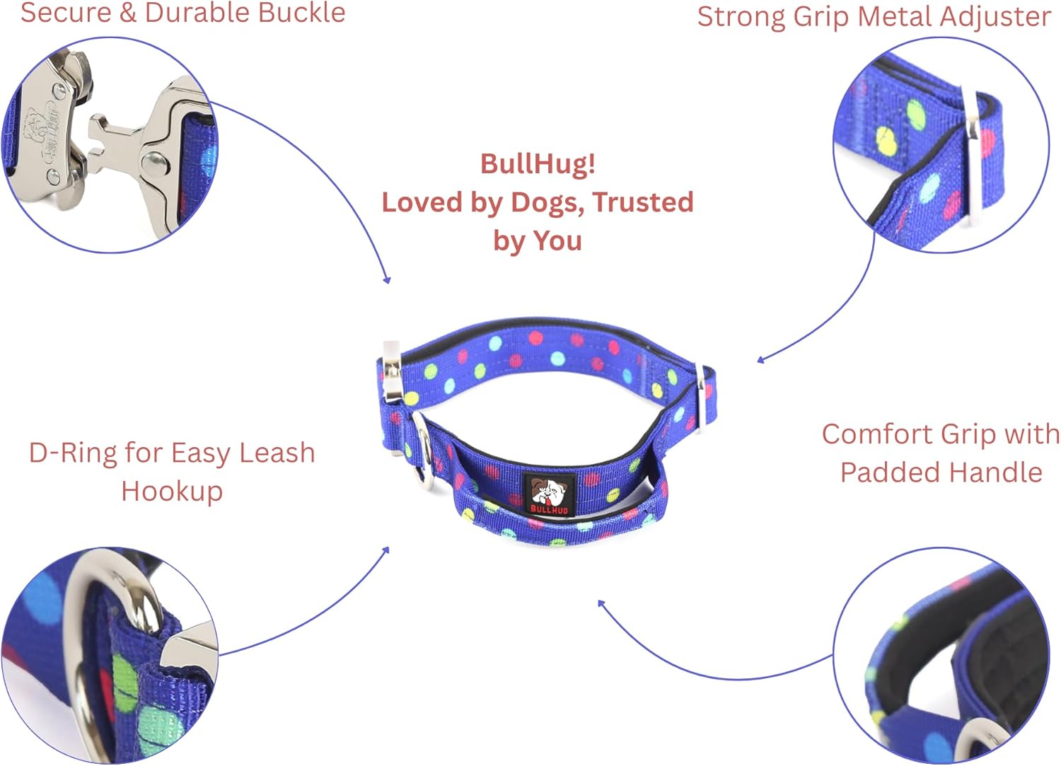 BullHug Tactical Wide Nylon Dog Collar with Handle – Heavy-Duty, Quick-Release Buckle for Enhanced Control, Ideal for Heavy Pullers – Small/Medium/Large Breeds (1 inch Wide - (Polka Dots, Large)