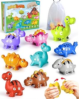 52 PCS Dinosaur Alphabet Learning Toys for Toddlers Kids 3-5, 10 Different Dinosaur Figures, Double Sided ABC Matching Game, Preschool Activities Montessori Fine Motor Toys for Toddlers Kids