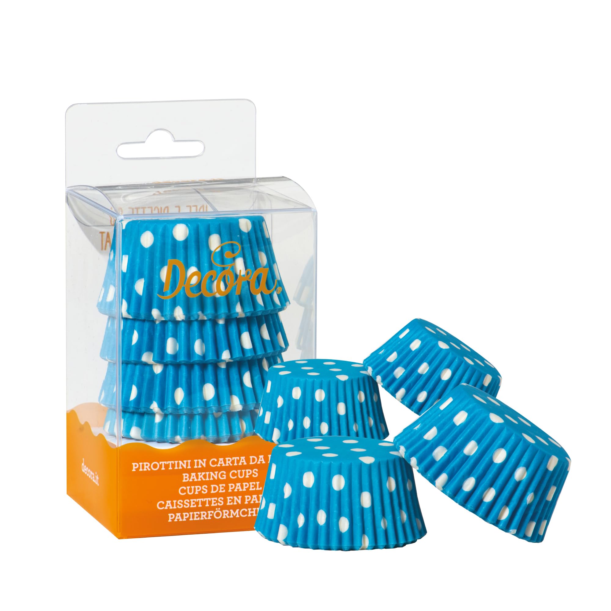DECORA, 0339672 Pirottini Pois Azzurro, Comodissimi Pirottini per Cuocere, Presentare e Regalare Muffin, Resistono fino a 220°, In comodo Blister
