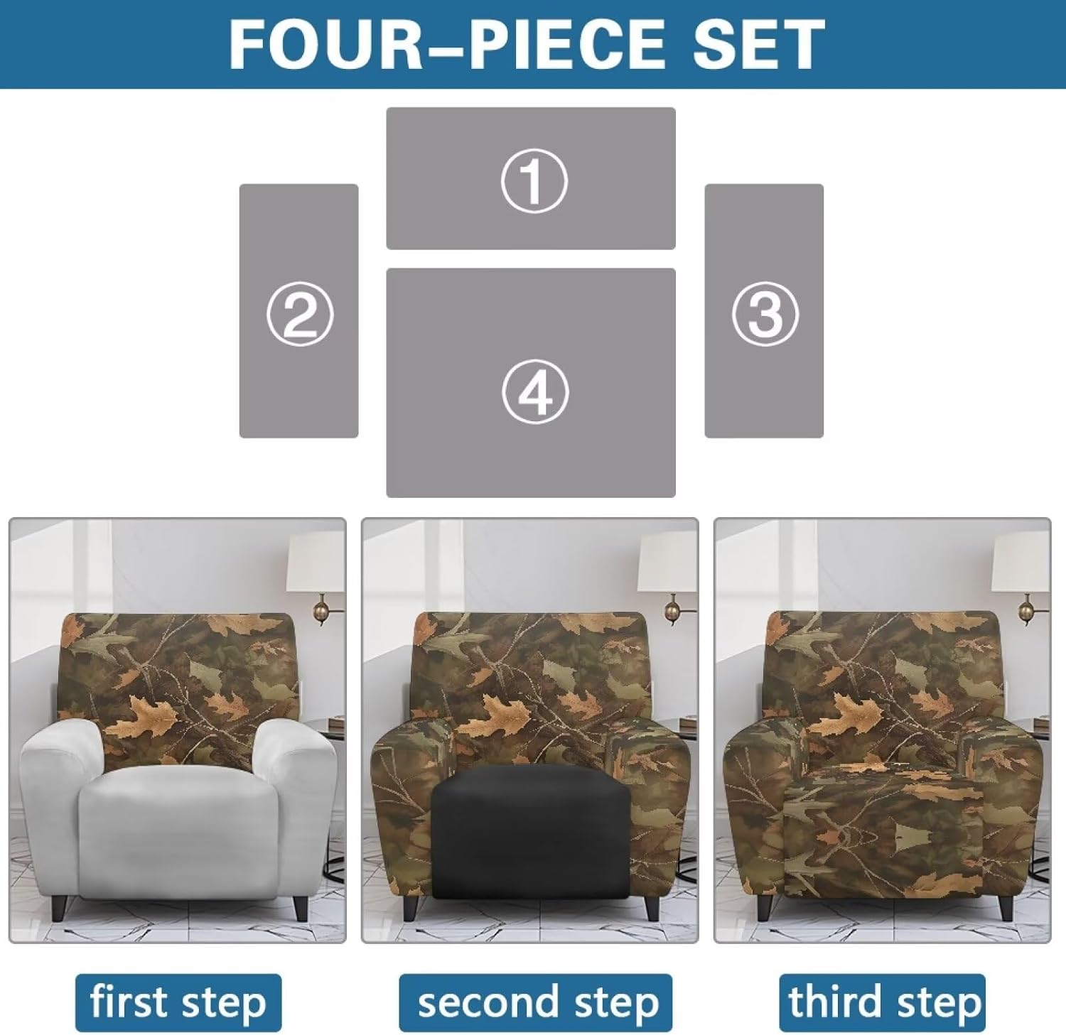 Hunting Camo Recliner Slipcover Lazy Boy Chair Covers for Reclining Chair with Handle Fall Stretch Recliner Slipcovers Couch Cover 1 Seat Sofa Set 4 Pieces for Living Room