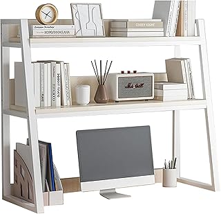 2-Tier Desktop Bookshelf for Computer Desk, Wood Hutch Bookcase Organizer, Multipurpose Countertop Storage Hutch Display Shelf Rack for Home Office Dorm Furniture,White,75x90CM