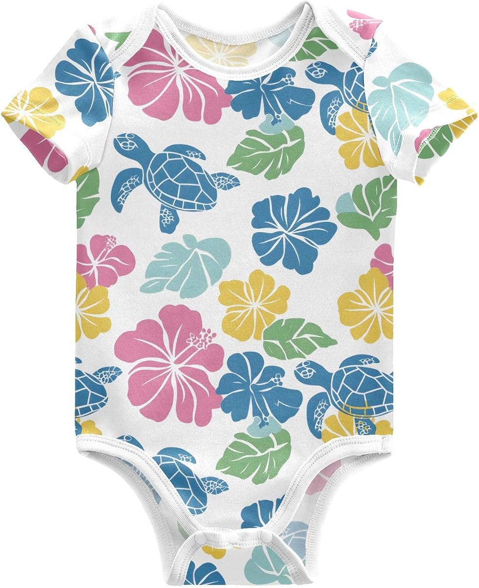 Unisex Baby Short-Sleeve Onesie Sloth Face Pattern Hawaiian Hibiscus Seaturtle Bodysuits for Boy and Girl 3M
