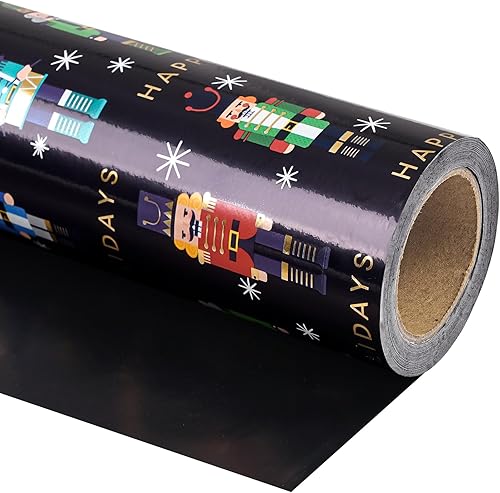 Vista 114 de WRAPAHOLIC Papel de regalo reversible de Navidad, mini rollo, 17 pulgadas x 33 pies, diseño de gnomo azul morado y cuadros con brillo metálico