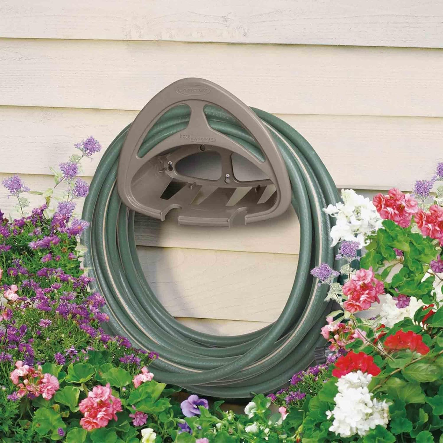 Suncast Hangout HH150 Outdoor Wall Mounted Durable Resin Garden Hose Holder with Accessories Shelf, Designed for 150 Foot Garden Hoses, Taupe, 2 Pack
