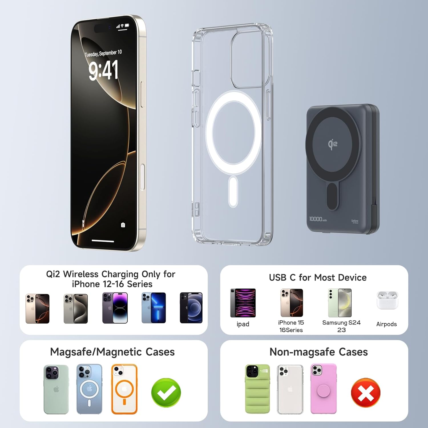 PD35W Fast Charging Power Bank 10000mAh with 65W Gan Wall Plug and Qi2 Certified 15W Magsafe Portable Charger 10000mAh for iPhone 16/15/14/13/12 Series Grey