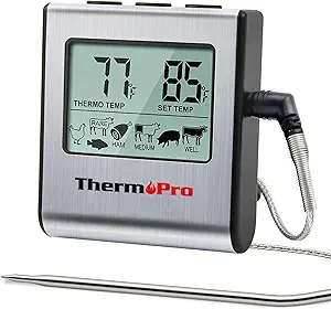 ThermoPro TP16 Large LCD Digital Cooking Food Meat Thermometer for Smoker Oven Kitchen BBQ Grill Thermometer Clock Timer with Stainless Steel Temperature Probe