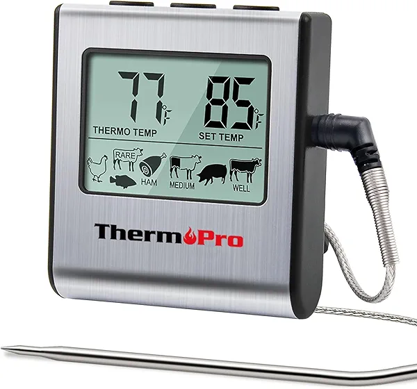 ThermoPro TP16 Large LCD Digital Cooking Food Meat Thermometer for Smoker Oven Kitchen BBQ Grill Thermometer Clock Timer with Stainless Steel Temperature Probe