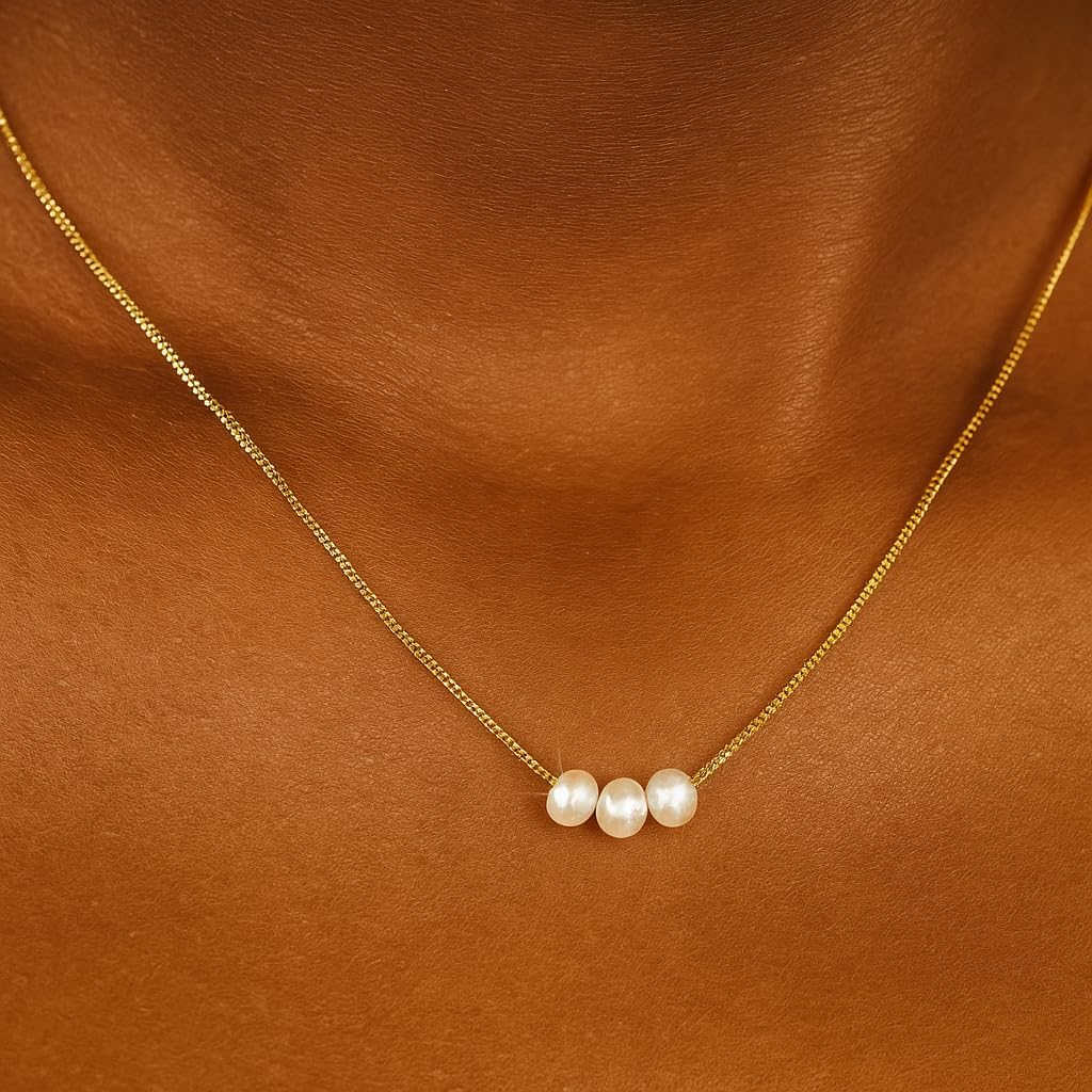 Women's Dainty Gold Necklace, Three Freshwater Pearl Pendant Gold Necklace, Minimalist Delicate Gold Necklaces for Women, Elegant Daily Wear Jewelry Gift - Image 6