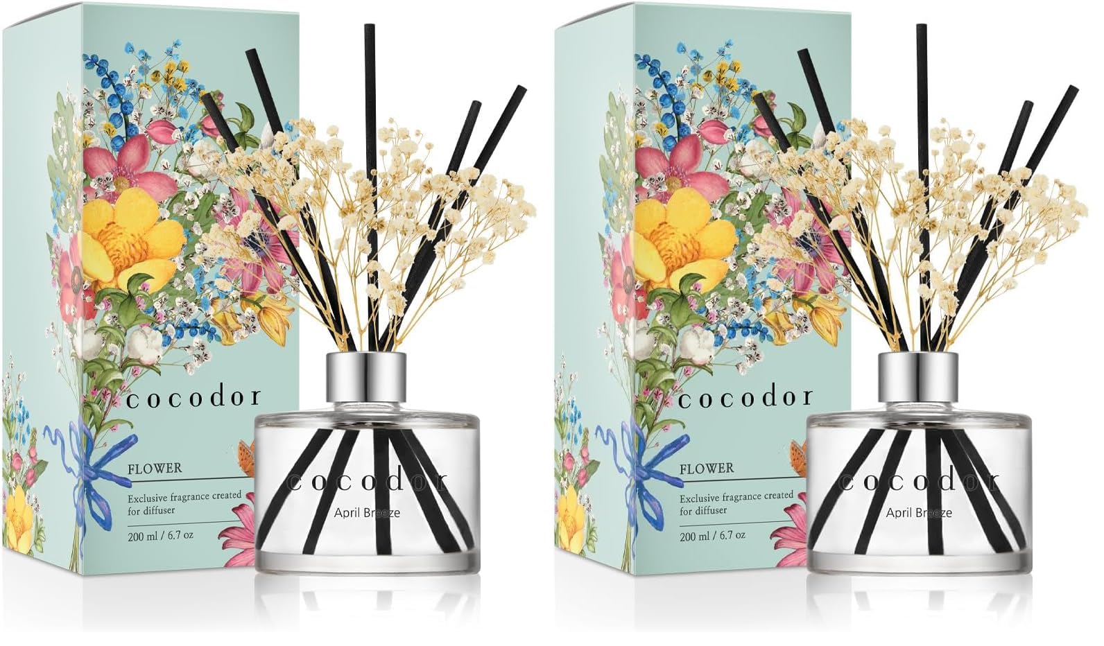 COCODOR Reed Diffuser Set with Preserved Baby's Breath with Sticks/April Breeze / 6.7oz / Scent Fragrance Oil Diffuser for Bedroom Bathroom Home Decor (Pack of 2)