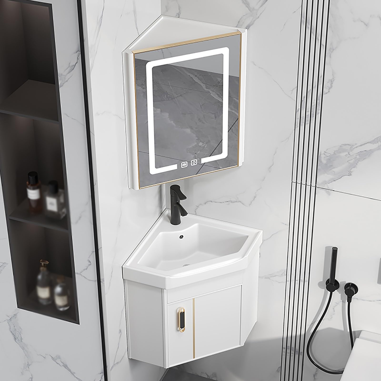 DFGHNBVC Wall Mount Corner Vanity Sink With Cabinet And Led Mirror, Modern Bathroom Storage Solution With Anti-Fog Technology,White-42Cm/16.5In