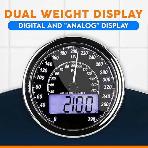 Miniatura 3 de ZENO Báscula de pesaje analógica y digital híbrida 2 en 1 para peso corporal de hasta 400 libras, vidrio templado grueso, pantalla extragrande,