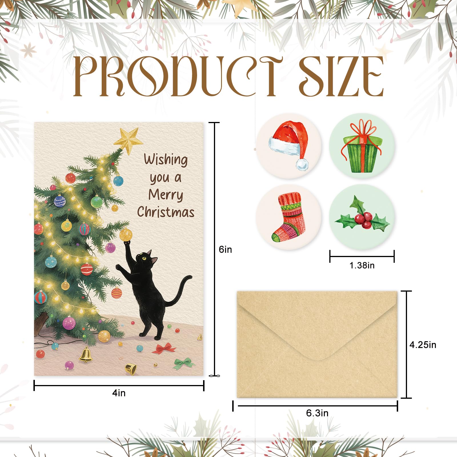 SuperShunhu Weihnachtskarten mit Katze, blanko, für Katzenliebhaber, festliches Urlaubsgrußkarten-Set mit Umschlägen und Aufklebern, 10,2 x 15,2 cm, 24 Stück