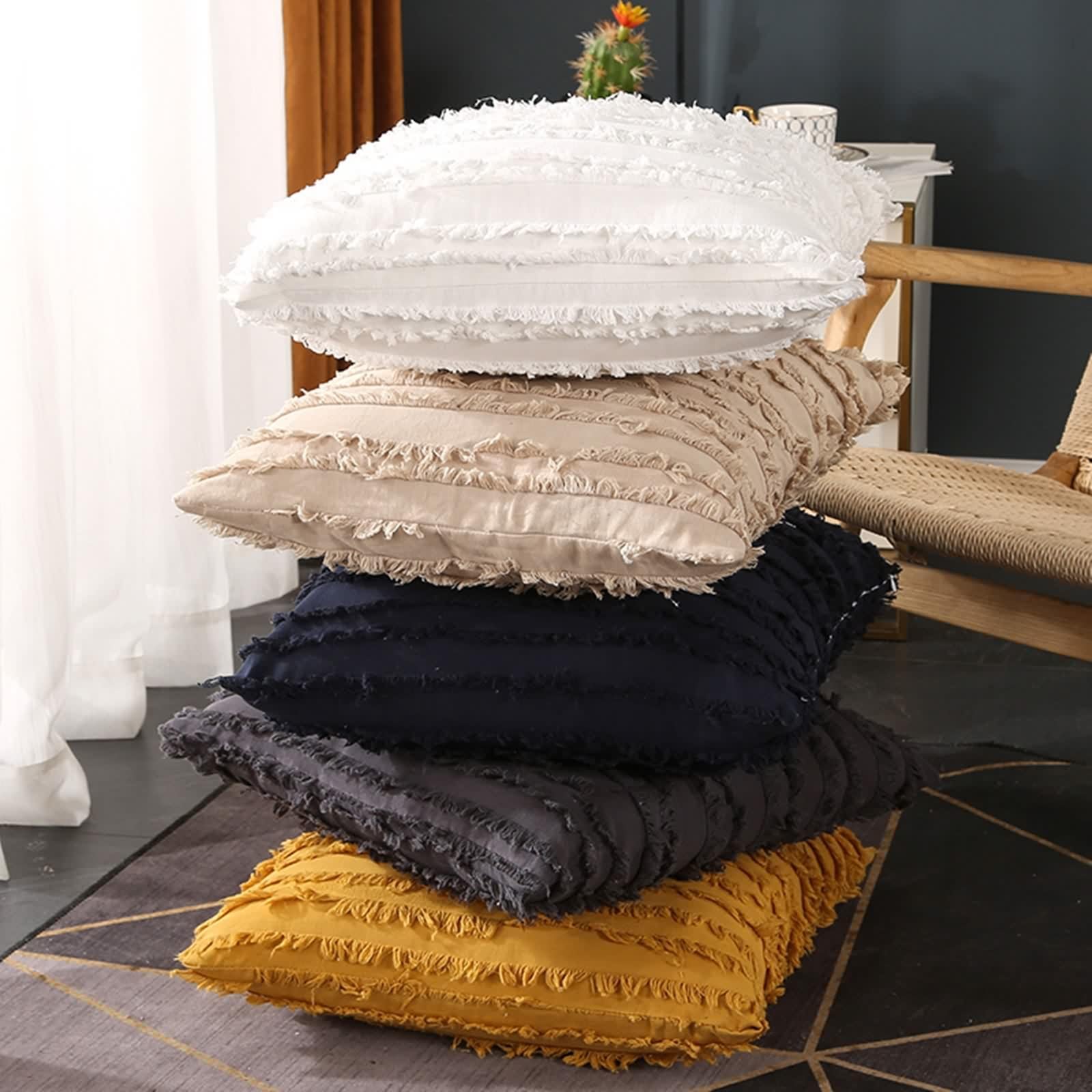 Federe Cuscini 45X45 Boho, Federe Cuscino Letto Tinta Unita Double Face con Nappe Cotone Copricuscini Cachi Chiaro 4 Pezzi per Divano Soggiorno
