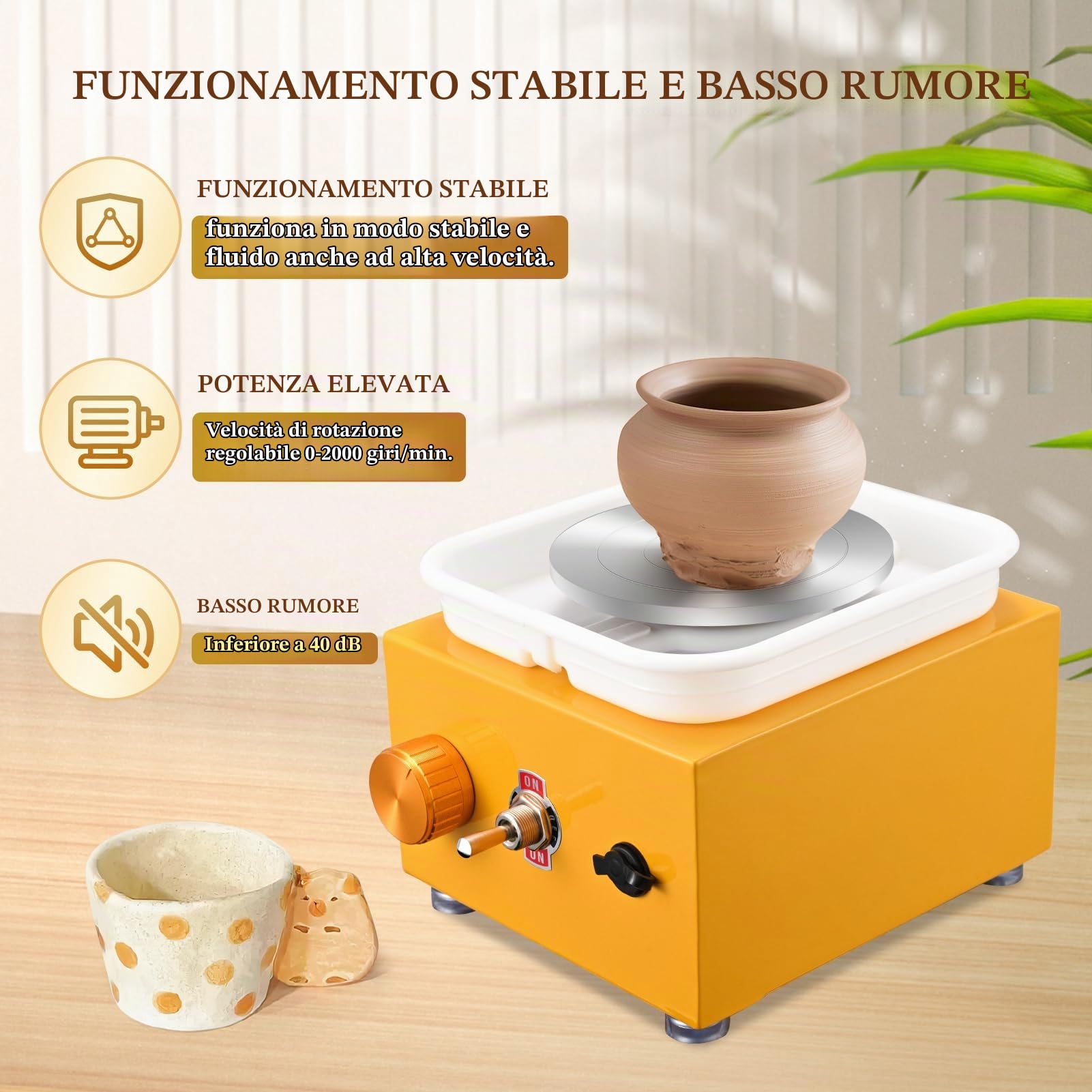 Tornio per Ceramica, Kooeuru Tornio per Argilla 2000 giri/min Velocità Regolabile con Piastre da 10/6,5 cm, Strumenti di Modellatura e Vasca Rimovibile, Tornio Ceramica per Bambini e Adulti, Giallo