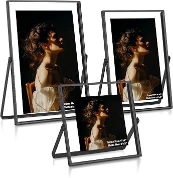 RICHFOCUS Set of 3 Floating Picture Frame Includes 4x4, 4x6, 5x7, Floating Display for 2x2 3.5x5 4x6, Beaded Metal Picture Frames with Real Glass, Tabletop Photo Frame for Multiple Size, Black
