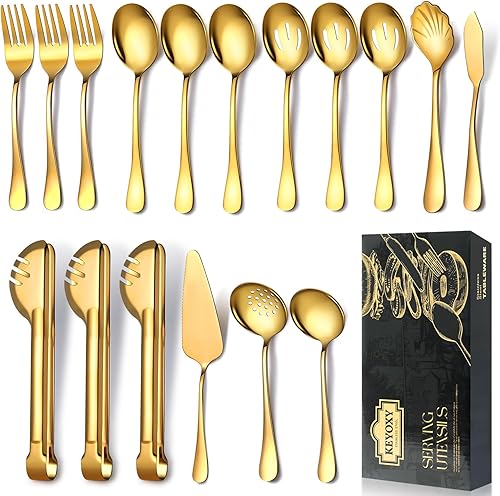 Utensilios de servir de oro rosa, 17 piezas de utensilios de servir de acero inoxidable con cuchara de servir, cucharas ranuradas, tenedores,