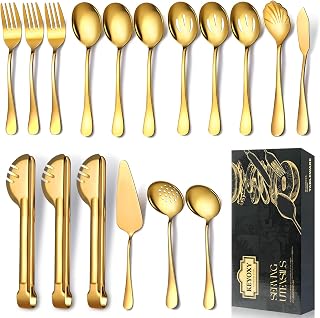 Gold Stainless Steel Serving Utensil Set, 17 Pcs, with Large Slotted/Spoon/Forks/Soup Ladle/Tongs/Pie Server/Butter Knife for Parties/Kitchen/Buffet/Catering