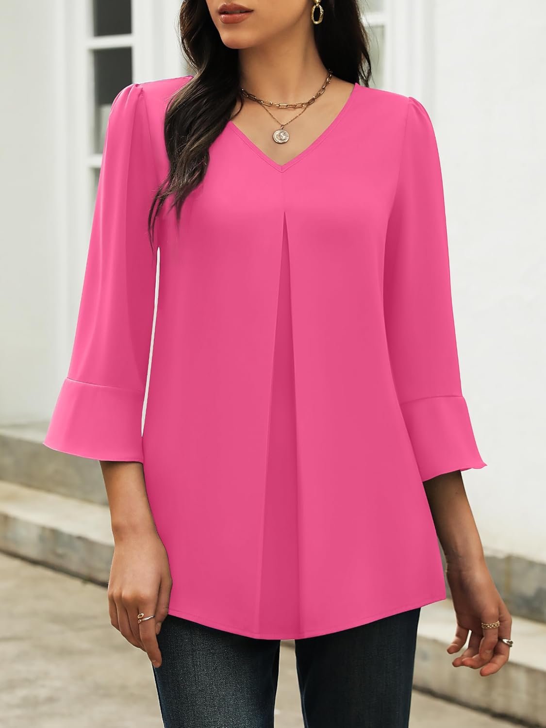 Funlingo Womens 3/4 Length Sleeve Tops Dressy Casual V Neck Business Chiffon Blouses Pleated Trendy Work Shirts - Image 2