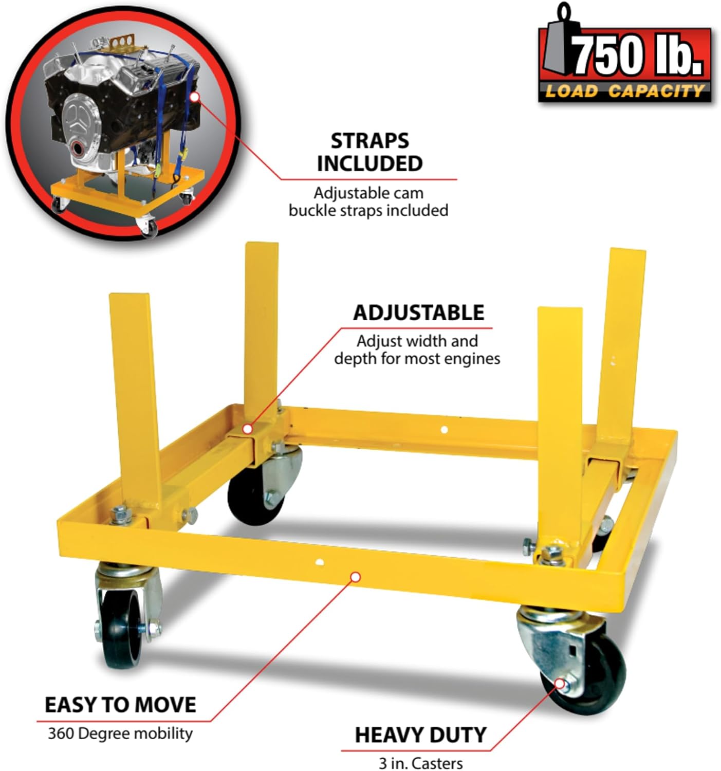 Performance Tool W41037 Rolling Engine Stand with Straps for Vehicle Maintenance, Yellow, 750-lb Capacity