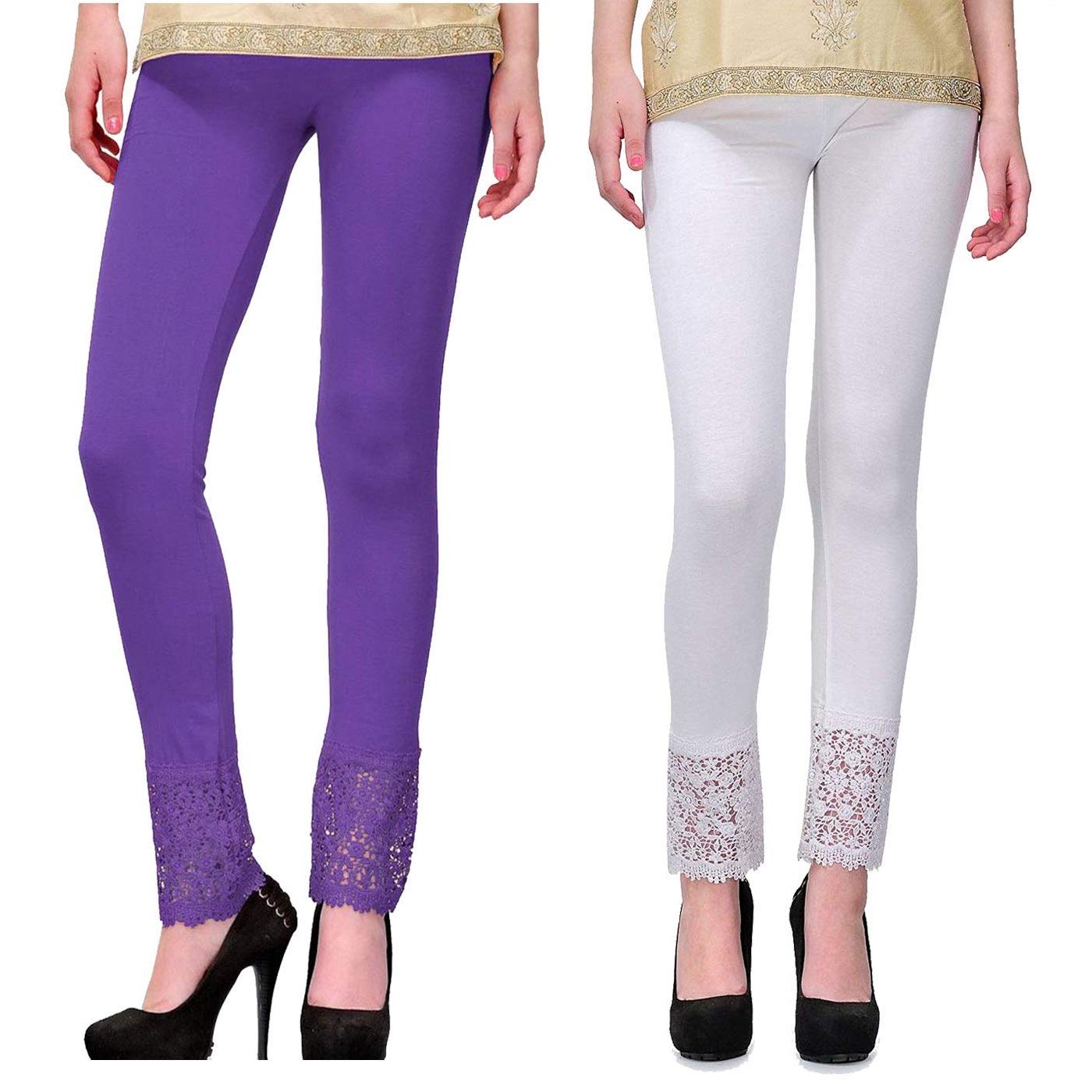 FablabWomen’s Viscose Lycra Ankle Length Bottom Lace Leggings Combo Pack of 2(FreeSize)