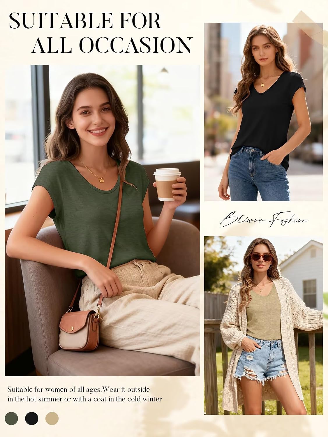  3 Pack Womens Cap Sleeve Summer Tops V Neck T Shirts Basic Tees | Loose Casual Tops, School Teacher Outfits, Workout Clothes, Cute Blouses, Ladies Trendy Fashion Clothing for Beach Vacation thumbnail