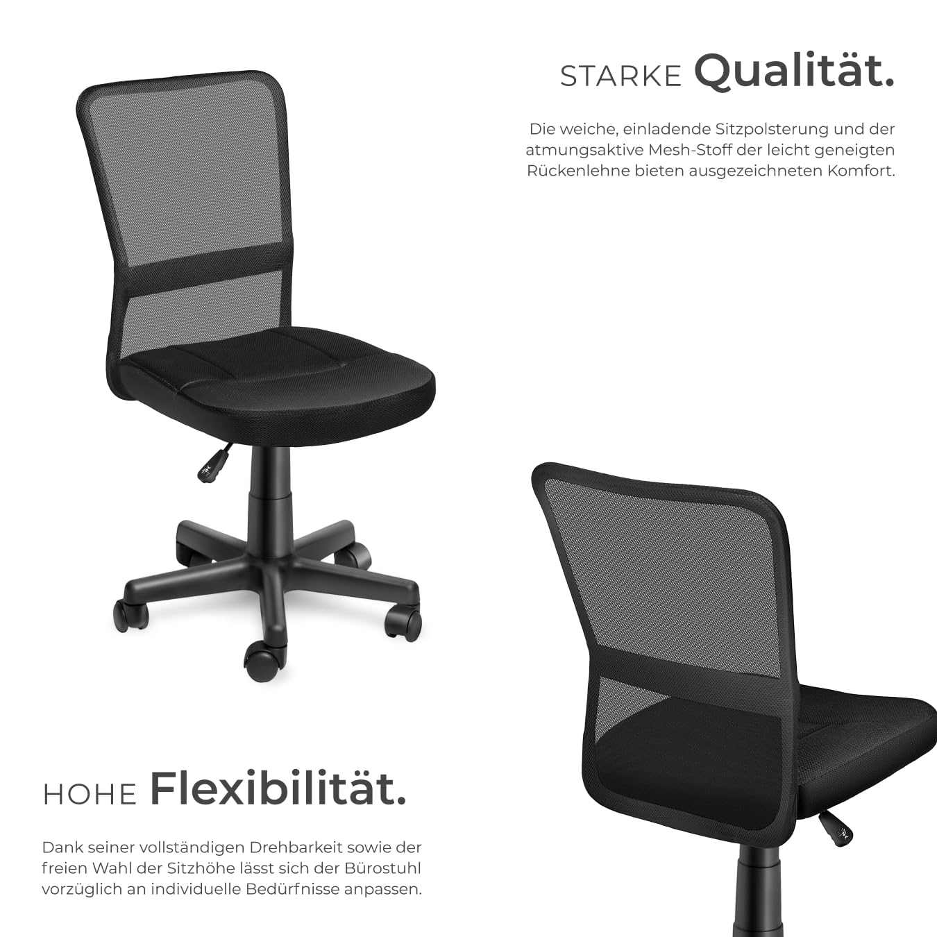 tectake® ergonomischer Bürostuhl, Schreibtischstuhl mit Rollen, Drehstuhl, Gaming Stuhl, Office Chair, Drehsessel, Möbel für Arbeitszimmer, und Jugenzimmer, PC, Computertisch - schwarz