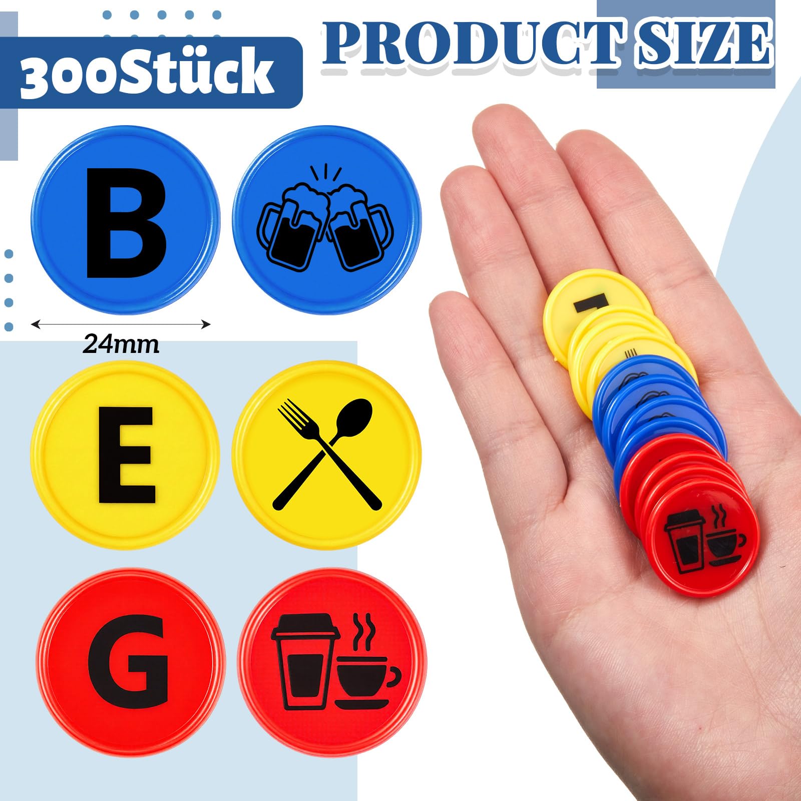 Nezyo 300 Gettoni Token Ø 24 mm Gettoni Riutilizzabili per Birra, Bevande e Cibo, 100 Pezzi per Tipologia Ideali per Festival della Birra, Ristoranti, Mense, Feste, Eventi in Discoteca e Festival