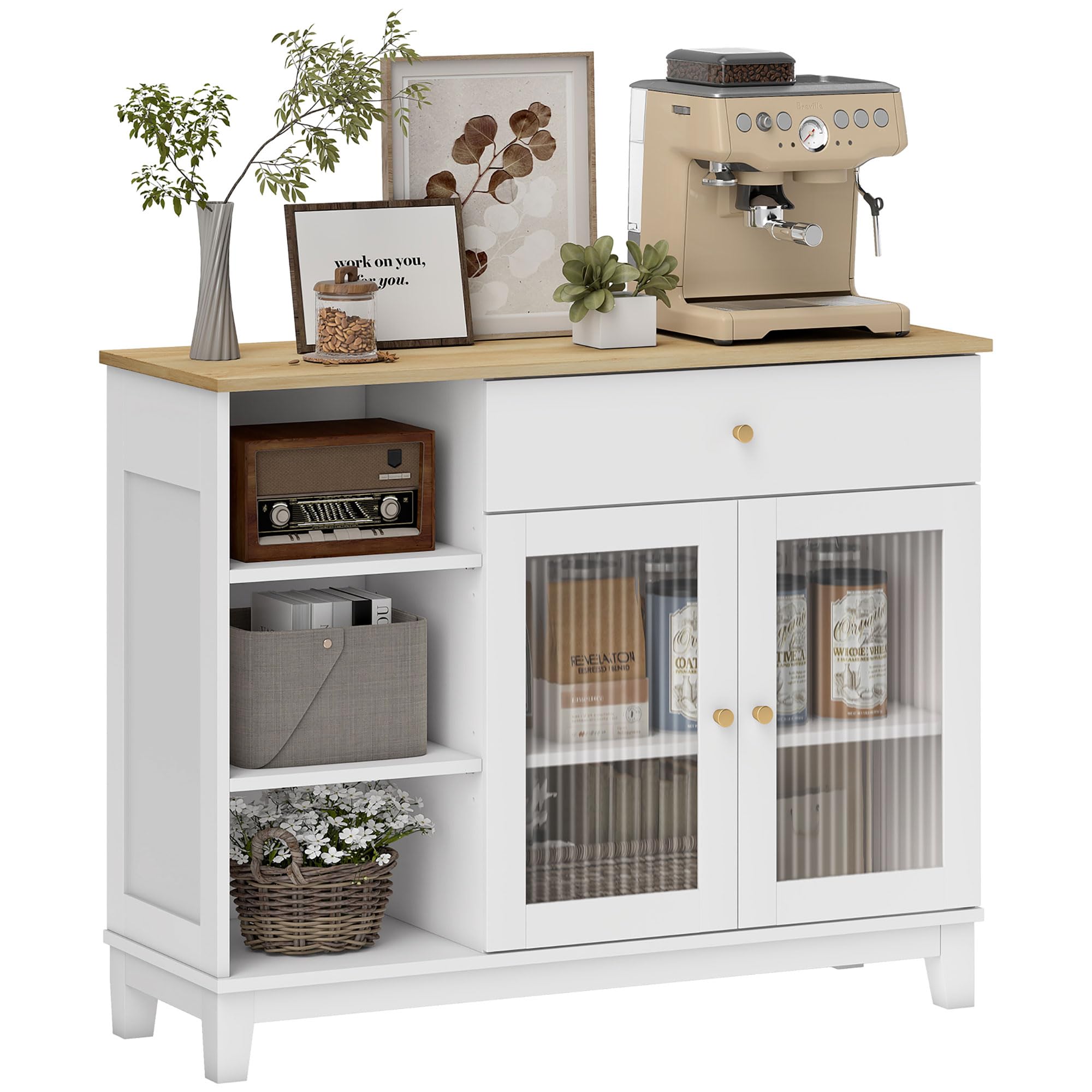 HOMCOM Aparador para Salón Moderno 2 Puertas Vidrio 100x35x80,3 cm Blanco | Vidrio Estriado, Cajón, Compartimentos Abiertos, Estantes Regulables, Aparador para Comedor y Entrada