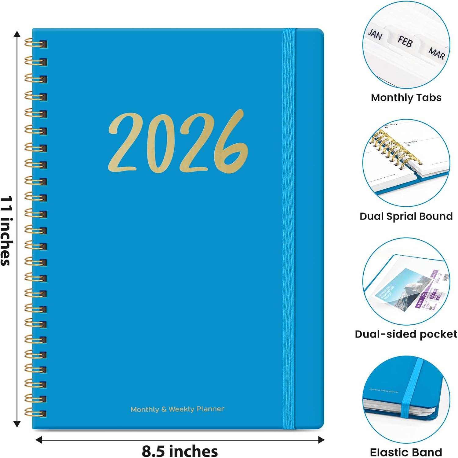 2026 Planner - Weekly and Monthly Planner, January 2026 to December 2026, Spiral Bound 2026 Calendar Planner Book, Inner Pocket, Perfect for Office Home School Supplies - A4 (8.5" x 11"), Azure Blue image 4