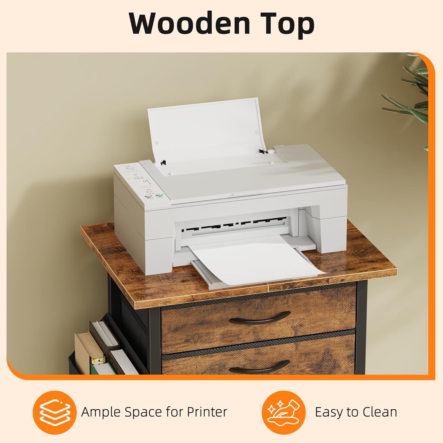 5 Fabric Drawers File Cabinet with Side Pocket, Rolling Printer Stand with Storage for Home Office, Wood Top Storage Cabinet for Documents and Crafts, Rustic Brown, 15" D