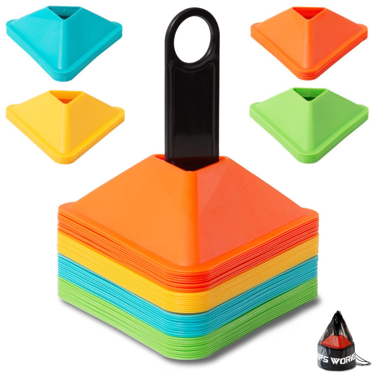 NPS WORKS Conos de Fútbol. 40 Conos de Entrenamiento de Fútbol. Resistentes al Viento. Exclusiva Forma Triangular. con Soporte y Bolsa. Material de Entrenamiento de Fútbol. Durabilidad y Calidad.