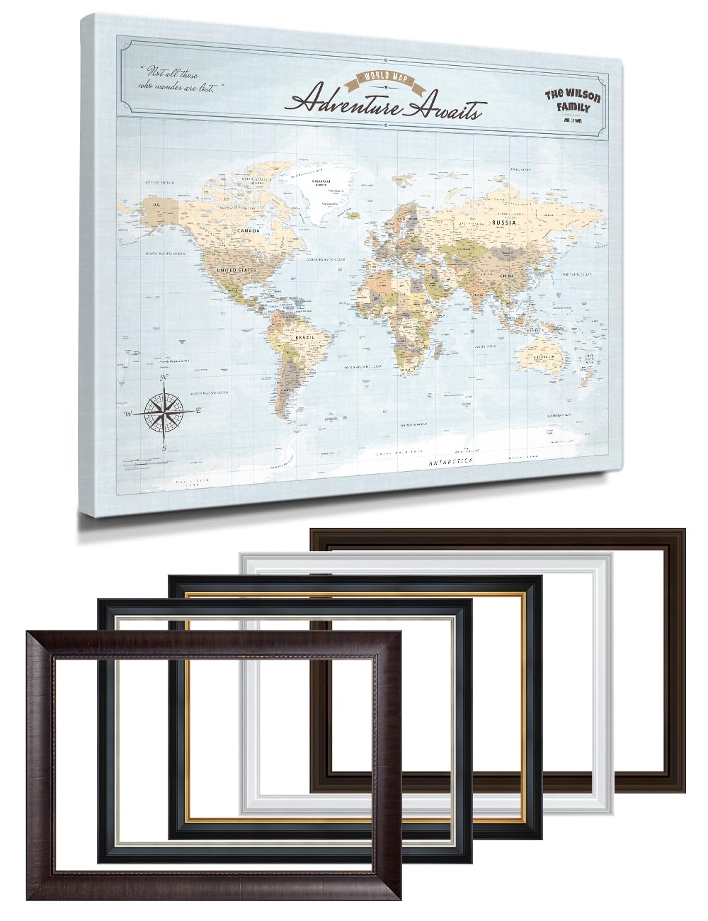 IPIC - Custom Framed world map wall art, Push Pin Map Decor to Mark Travels, Personalized Artwork with Names and Message on, Large World Travel Map