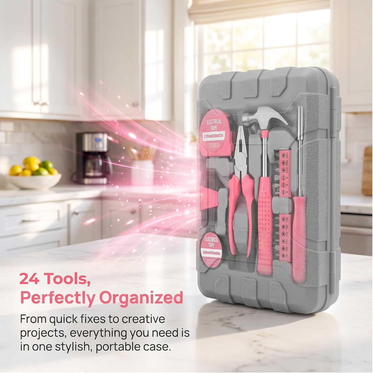 24Pcs Pink Women Portable Hand Tool Kit for Home DIY Repair | Equipped With Hammer, Screwdrivers And Basic Hand Tools. Portable Mini Kit Ideal For Women’s Household Fixes And DIY Projects